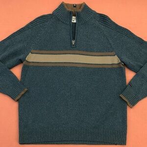COLUMBIA Heavy Cotton Blue-Green Brown & Tan 1/4 Zip Sweater